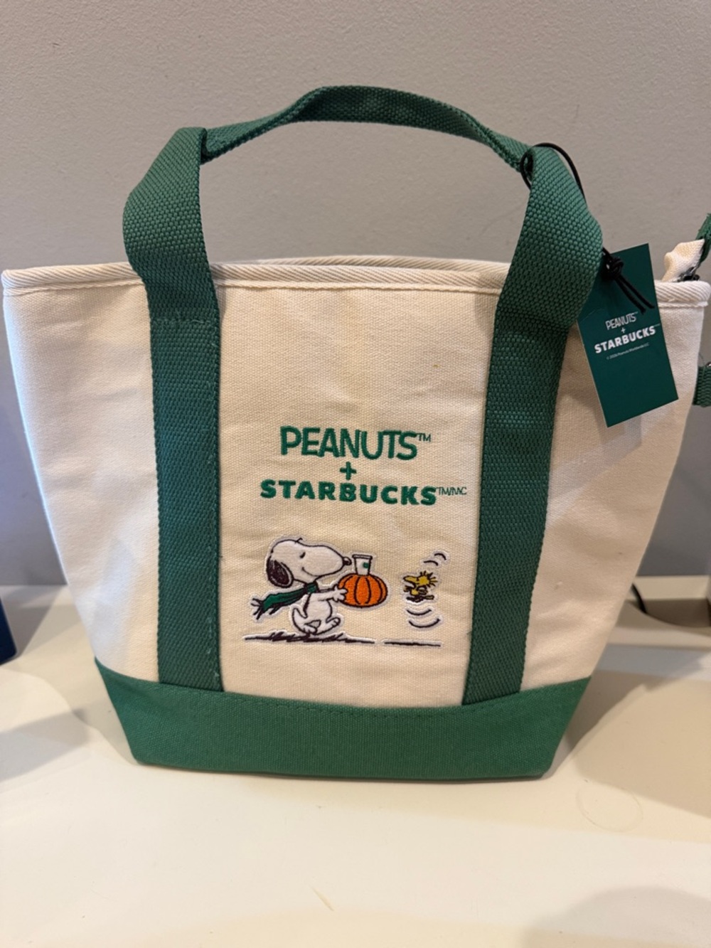 Starbucks Peanuts Canvas Tote in Cream and Green